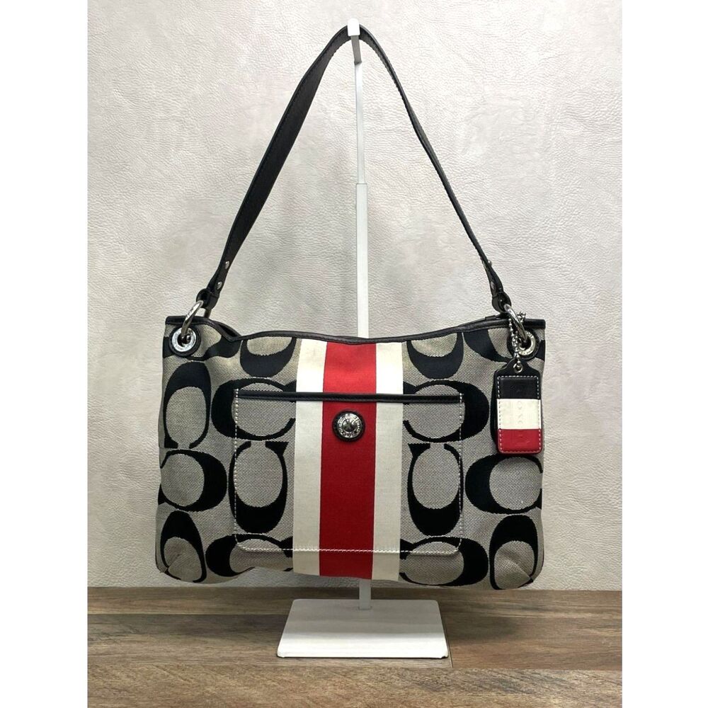 Coach Vintage Hamptons Weekend Signature Stripe Hobo Bag Silver Black Gray